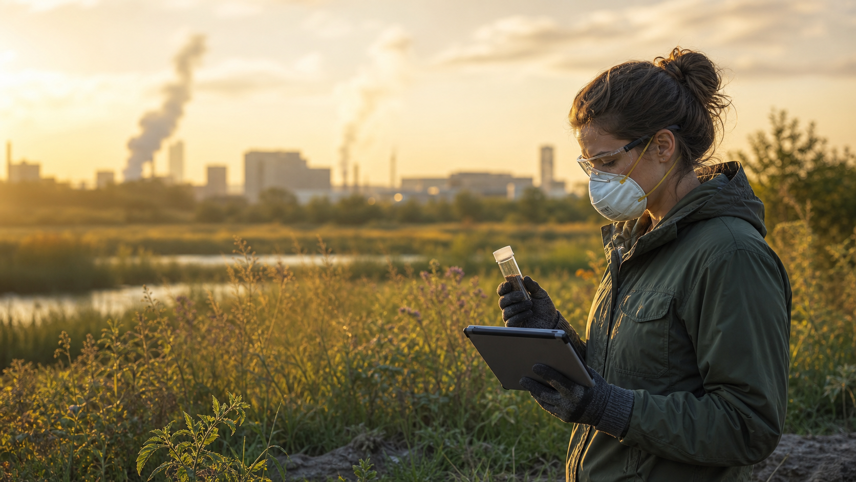 Environmental scientist examining a soil sample beside a restored wetland with an industrial district in the distance.